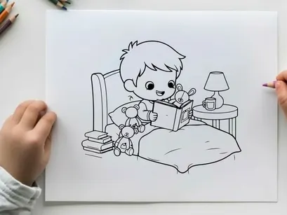 Child reading bedtime story with teddy bears vector illustration