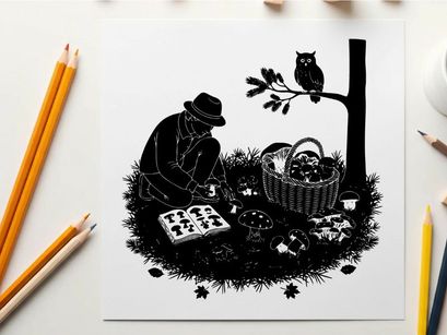 Man in silhouette plays chess outdoors under owl's watchful eye at night