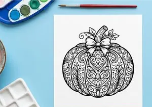 Hand-drawn ornate pumpkin illustration for autumn and Halloween designs. Intricate black and white sketch of a decorative fall gourd with floral mo...