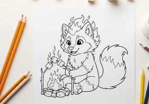 Cute cartoon cat roasting marshmallows campfire vector illustration