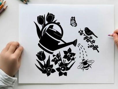 Silhouette of watering can and flowers with birds and insects