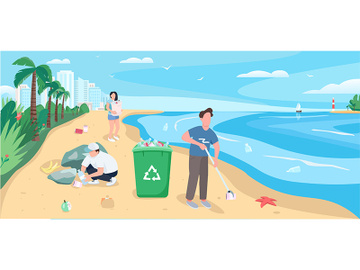 People cleaning sandy beach flat color vector illustration preview picture