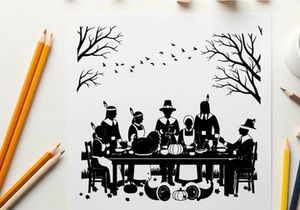 Black silhouette of family in thanksgiving dinner table setting