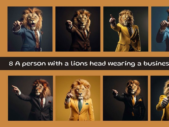 A person with a lions head wearing a business suit
