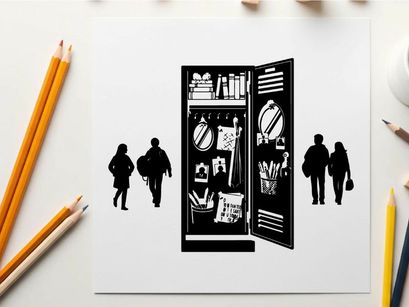 Silhouette of people walking past an open refrigerator silhouette
