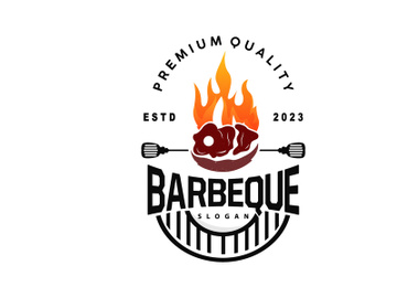 Barbeque Logo, Hot Grill Design With Fire And Spatula, Vector BBQ Grill Vintage preview picture