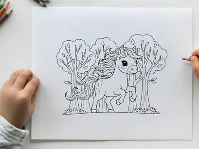 Cute unicorn in magical forest vector illustration