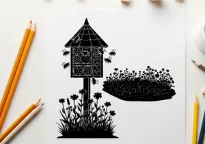 Silhouette of a birdhouse and flowers on a white background