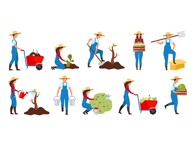 Farmers gardening flat vector illustrations set