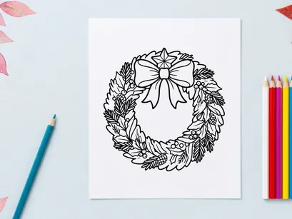 Christmas wreath line art illustration with pine branches and a decorative festive bow