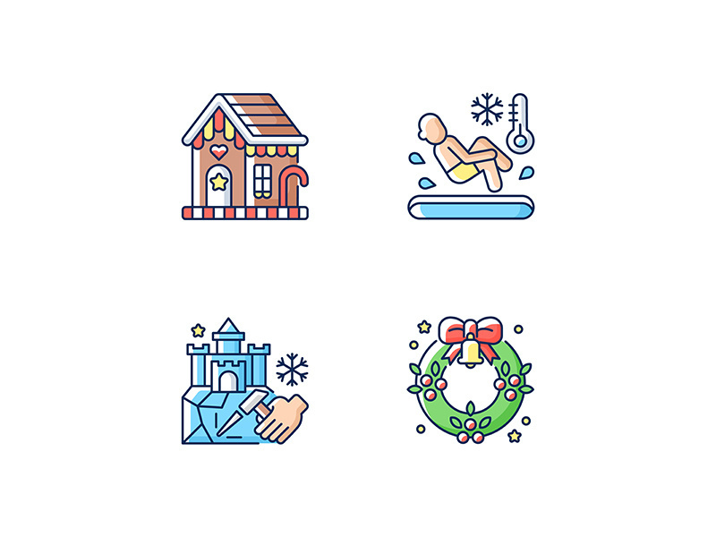 Winter season traditions RGB color icons set