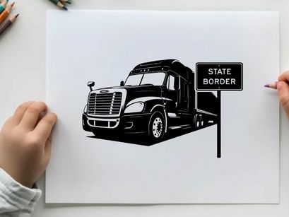 Black silhouette semi truck passing state border sign