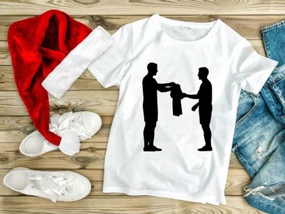 Two men exchanging a jacket in a simple black silhouette illustration