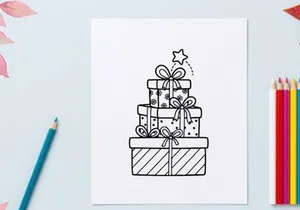 Stack of Christmas gift boxes with bows and a star, black and white line art illustration.