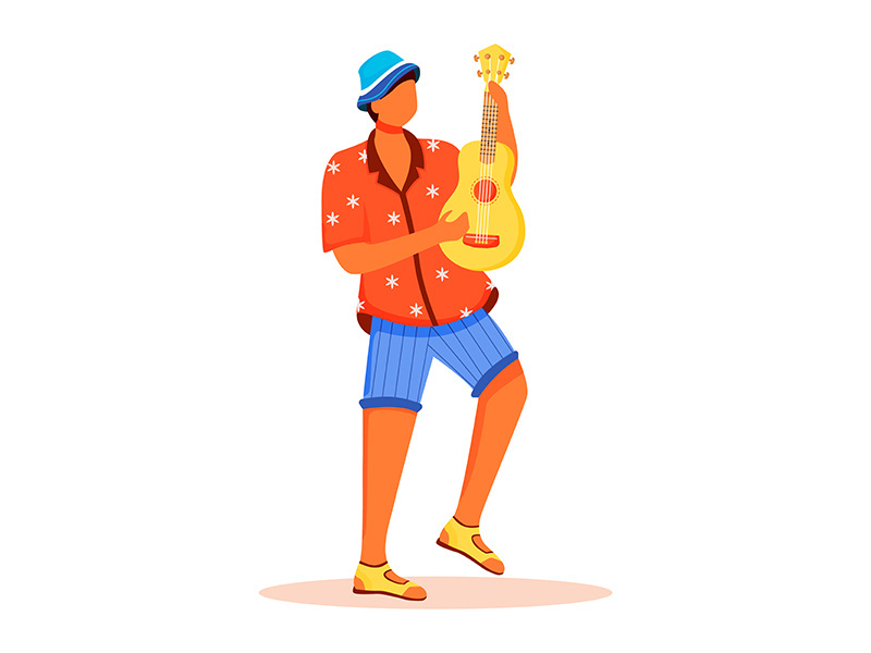 Standing male playing ukulele flat color vector faceless character