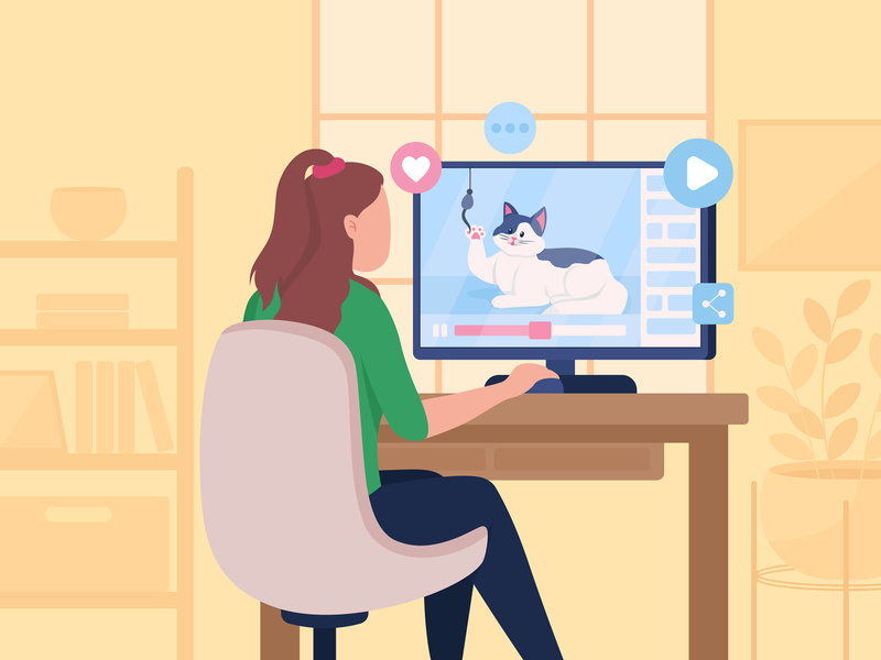 Watching funny viral cat videos flat color vector illustration