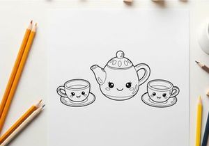 Cute teapot and cups set smiling vector illustration