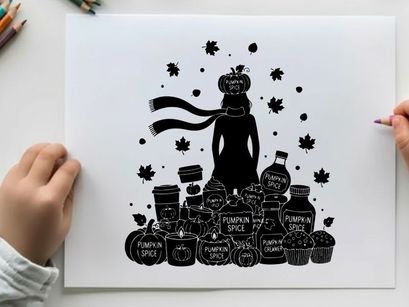 Silhouette of a woman surrounded by autumnal items and maple leaves silhouette