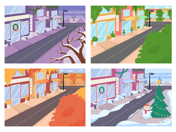 City street with different seasons flat color vector illustrations set preview picture