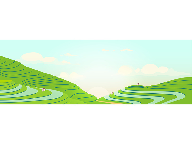 Terraced fields at sunrise flat color vector illustration