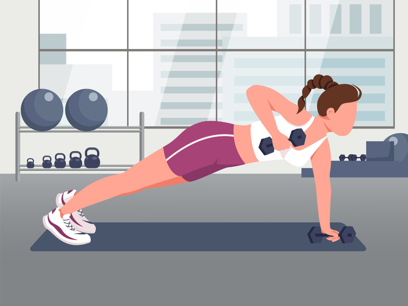 Push ups with dumbbells flat color vector illustration