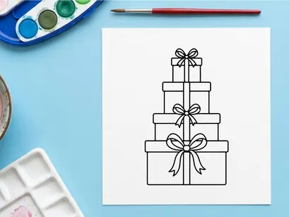 Stacked Christmas gift boxes with ribbons, holiday present icon in black and white line art.