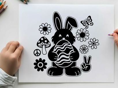 Easter bunny holding egg silhouette with flowers and butterflies