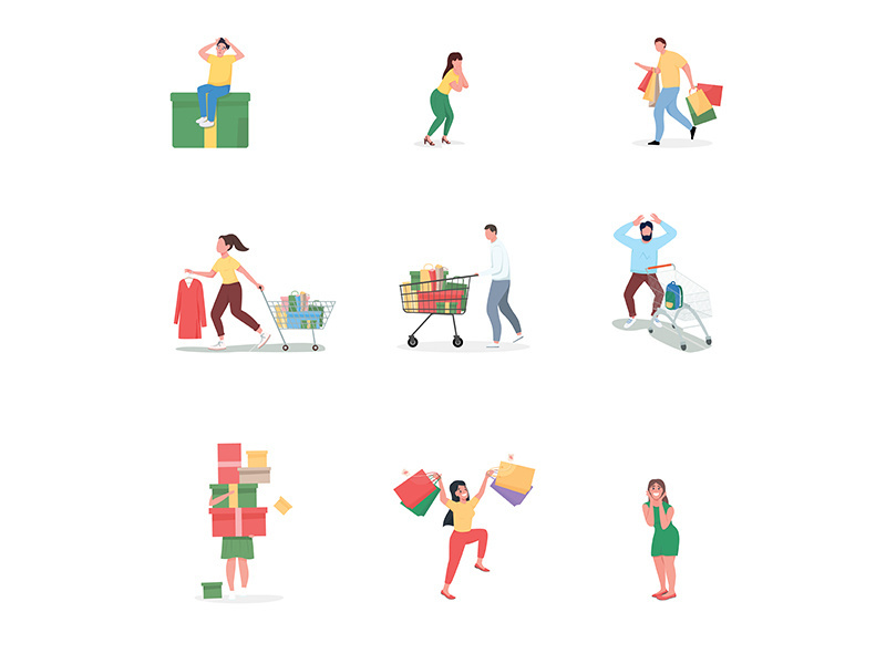 Black friday shopping flat color vector faceless characters set