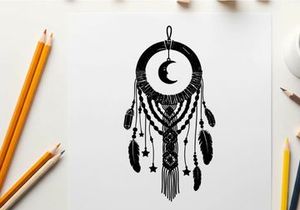 Silhouette dreamcatcher with crescent moon and feathers silhouette