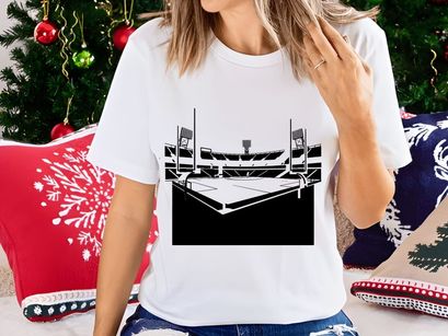 Black and white illustration of an empty sports stadium with floodlights