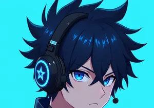 A headshot of a stylized anime man with dark blue spiky hair