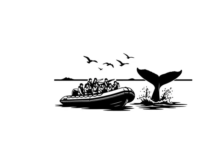Whale watching tour boat approaches silhouette of large whale