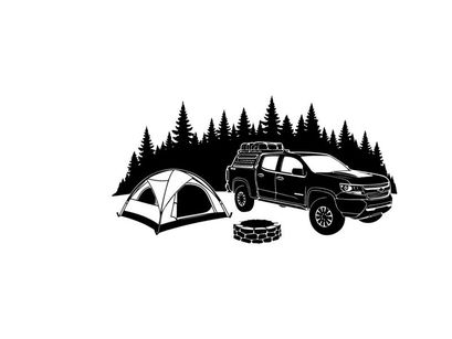 Camping silhouette scene with truck and tent in forest