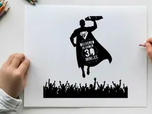 Silhouette of a superhero delivering food in a cape