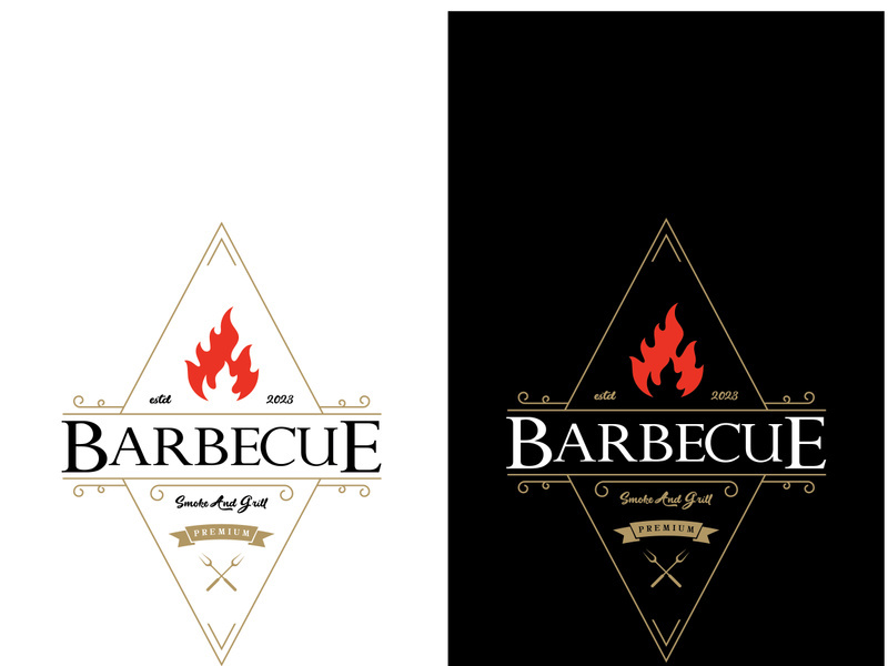 Simple Barbecue Vintage hot grill, with crossed flames and spatula. Logo for restaurant, badge, cafe and bar.vector