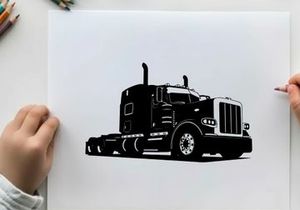 Silhouette of a large black semi truck on a white background