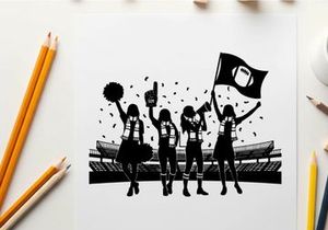Cheerleaders celebrating with football flag and pom poms silhouette
