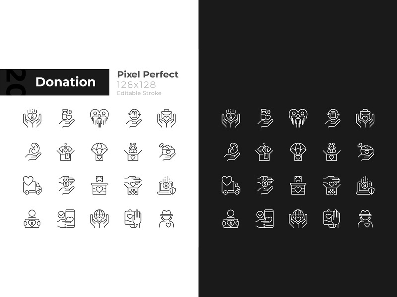 Donation opportunities pixel perfect linear icons set