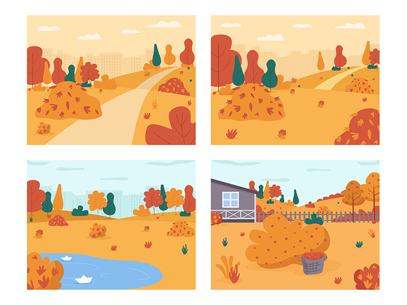 Autumn scenery semi flat vector illustration set
