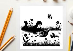 Silhouette of a girl reading a book in a field with a butterfly