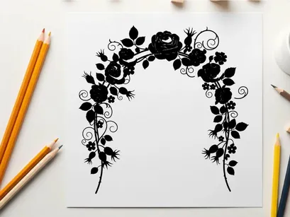 Silhouette floral arch with roses and leaves border