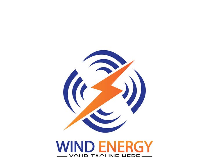 Wind energy logo. renewable energy icon with wind turbines and thunder bolt isolated on white background