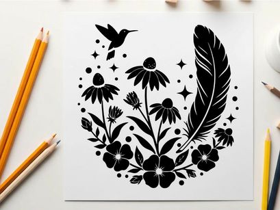Silhouette of hummingbird flowers and feather with stars