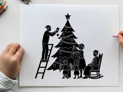 Family decorating christmas tree silhouette holiday scene with father on ladder