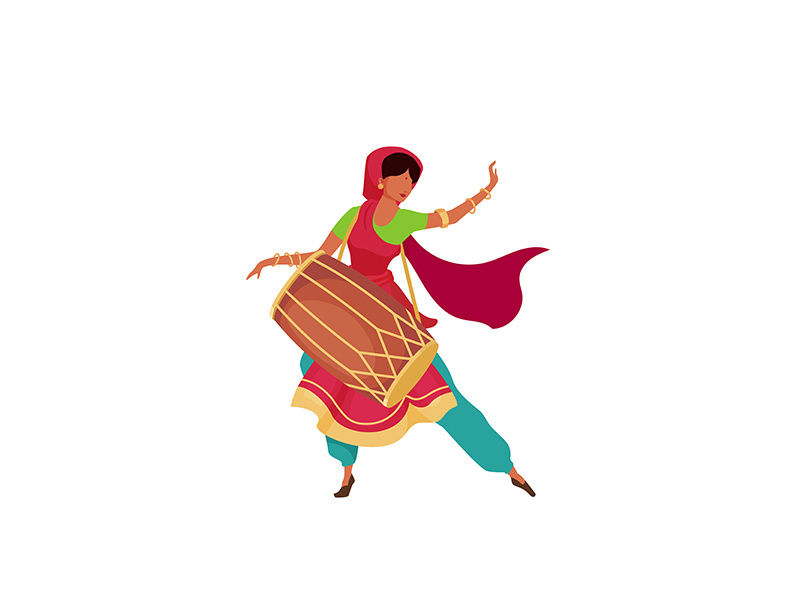 Indian woman with drum flat color vector faceless character