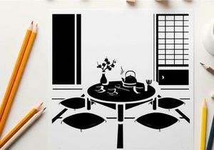 Silhouette of a minimalist japanese tea room setting