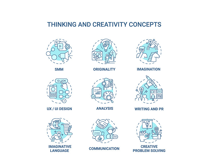 Thinking and creativity concept icons set