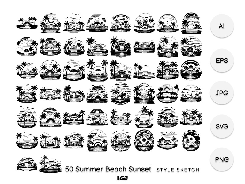 Summer Beach Sunset Element Draw Black