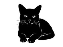 Black cat silhouette with piercing eyes and whiskers on white background