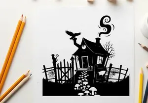 Spooky silhouette of haunted house with cat and bird